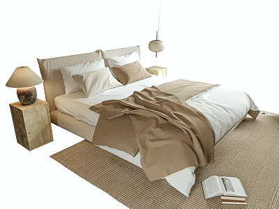Elegant Double Bed Interior With Beige Blanket Pillows Nightstand Lamp And Woven Rug 3d model