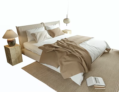 Elegant Double Bed Interior With Beige Blanket Pillows Nightstand Lamp And Woven Rug 3d model