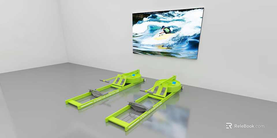 Two Green Rowing Machines In Indoor Fitness Area With Water Sports Artwork On Wall 3d model 