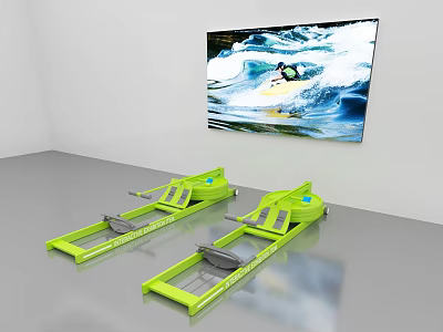 Two Green Rowing Machines In Indoor Fitness Area With Water Sports Artwork On Wall 3d model