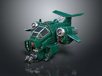 Green Mechanical Airplane Robot Model Featuring Metal Wings Engine And Cockpit 3d model