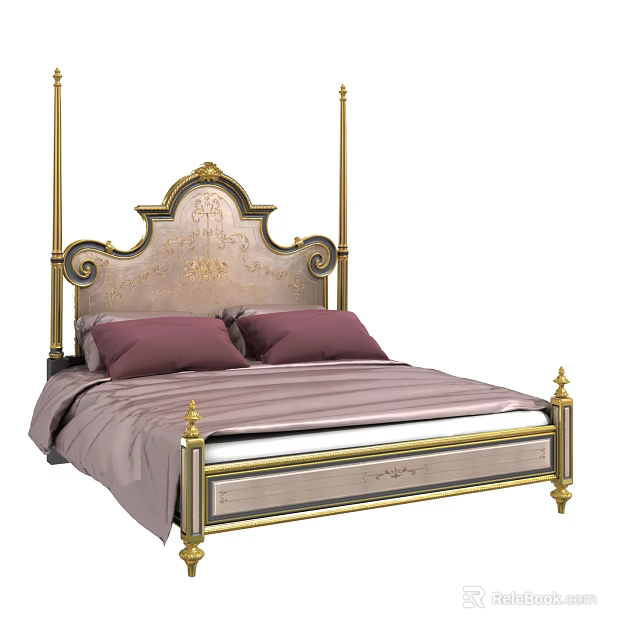 Luxury Classic Double Bed with Ornate Gold Headboard and Purple Bedding 3d model 