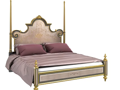 Luxury Classic Double Bed with Ornate Gold Headboard and Purple Bedding 3d model