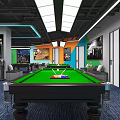 Modern Billiard Room Interior With Green Felt Table Balls Cues Sofas And Lighting 3d model