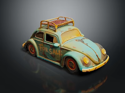 Vintage Volkswagen Beetle with Blue Green Body Roof Rack TOP SAFE Lettering and Distressed Finish 3d model