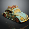 Vintage Volkswagen Beetle with Blue Green Body Roof Rack TOP SAFE Lettering and Distressed Finish