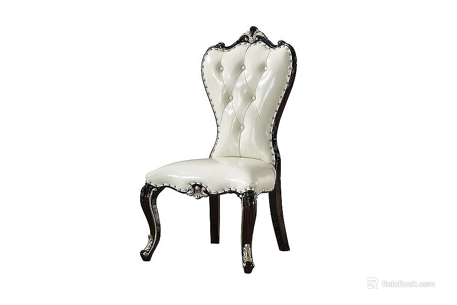 Elegant White Leather Dining Chair With Tufted Backrest And Dark Wooden Carved Legs 3d model 