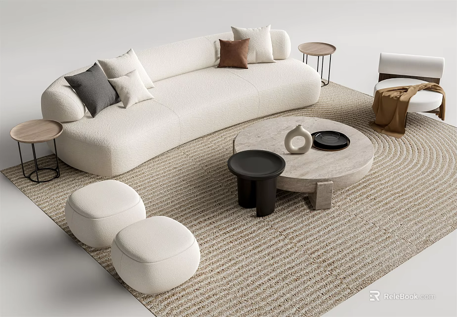 Modern White Curved Sofa and Round Coffee Table Set with Marble Top and Throw Pillows 3d model 