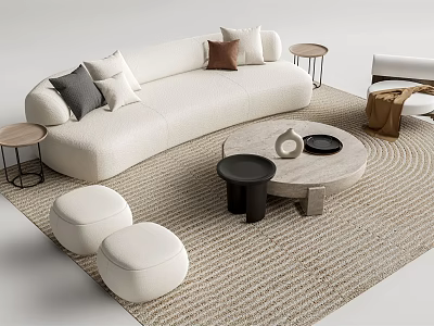 Modern White Curved Sofa and Round Coffee Table Set with Marble Top and Throw Pillows 3d model