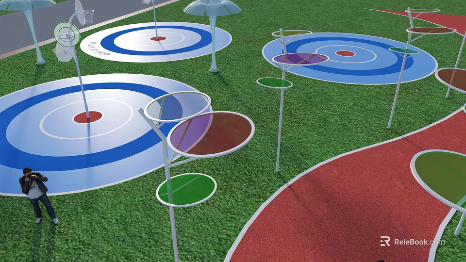Park Landscape With Green Grass Colorful Circular Areas Red Path And Decorative Structures 3d model 