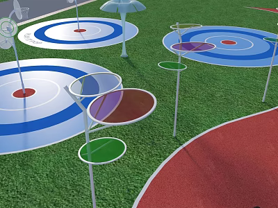 Park Landscape With Green Grass Colorful Circular Areas Red Path And Decorative Structures 3d model