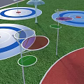 Park Landscape With Green Grass Colorful Circular Areas Red Path And Decorative Structures