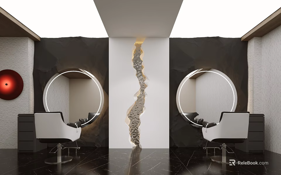 Modern Beauty Salon With Two Circular Mirrors White Chairs Black Marble Walls And Central Decor 3d model 