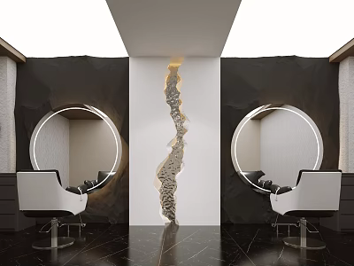 Modern Beauty Salon With Two Circular Mirrors White Chairs Black Marble Walls And Central Decor 3d model