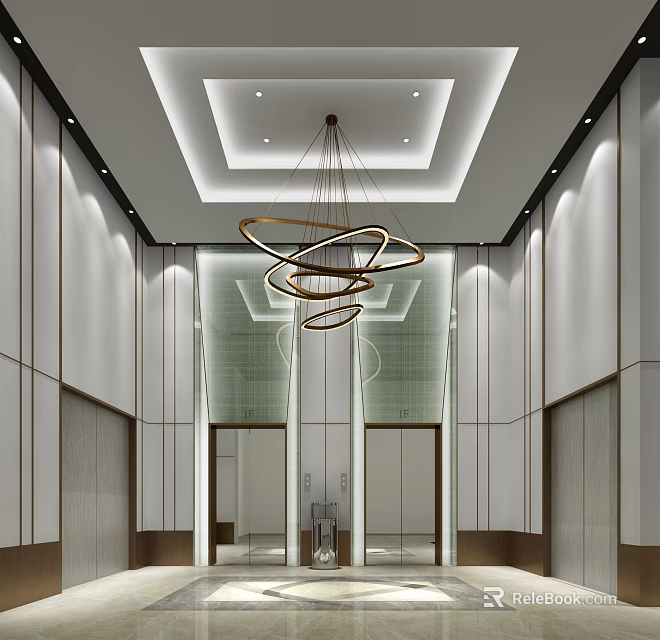 Modern Elevator Lobby Interior Design With Circular Chandelier And Mirror Walls 3d model 