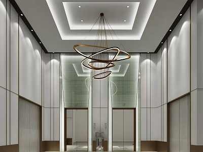 Modern Elevator Lobby Interior Design With Circular Chandelier And Mirror Walls 3d model