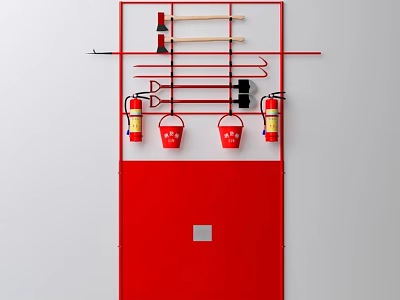 Red Fire Safety Equipment Cabinet With Axes Hooks Extinguishers And Buckets 3d model