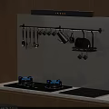 Modern Kitchen With Hanging Utensils Gas Stove Mugs And Plates