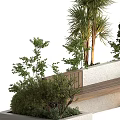 Modern Park Landscape Design With Stone Planters Palm Trees Bushes And Wooden Bench