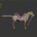 White Horse With Leather Saddle Stirrups And Bridle On Gray Reflective Ground