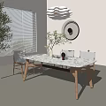 Modern Dining Table Set With Marble Top Wooden Chairs And Decorative Plant Vase