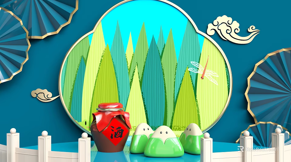 Traditional Chinese Zongzi with Red Wine Jar Bamboo Leaves and Cloud Pattern Decor 3d model 