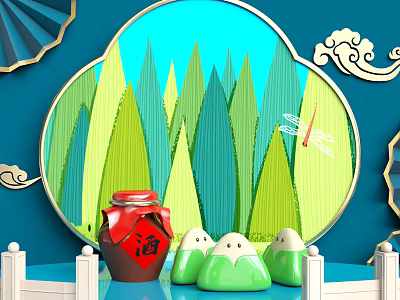 Traditional Chinese Zongzi with Red Wine Jar Bamboo Leaves and Cloud Pattern Decor 3d model