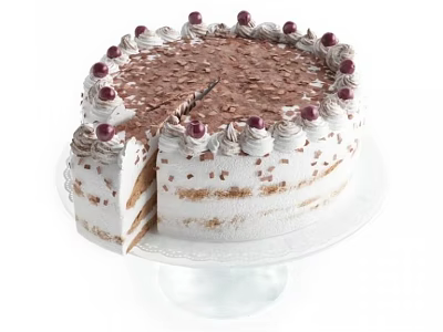 Layered Cake With White Cream Chocolate Shavings And Cherries On Cake Stand 3d model