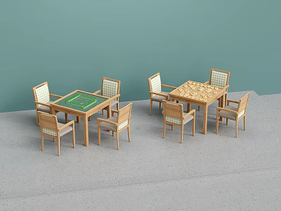Two Wooden Table and Chair Sets With Upholstered Seats Green and Light Wood Tabletops 3d model
