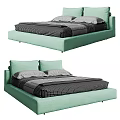 Modern Light Green Double Bed With Upholstered Headboard Dark Bedding And Metal Legs