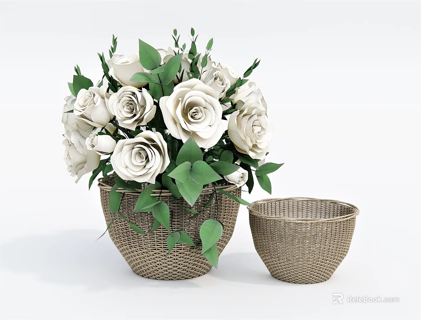 Woven Vase With White Roses Green Leaves And Small Woven Basket 3d model 