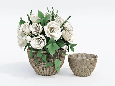 Woven Vase With White Roses Green Leaves And Small Woven Basket 3d model