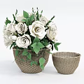 Woven Vase With White Roses Green Leaves And Small Woven Basket