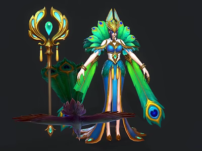 Elegant Peacock Themed Character With Green Blue Feathers And Mythical Peacock Creature 3d model