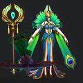 Elegant Peacock Themed Character With Green Blue Feathers And Mythical Peacock Creature