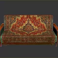 Traditional Decorative Sofa With Red Gold Intricate Pattern Green Armrests And Wooden Legs