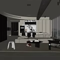 Modern Minimalist Living Room With White Sofas Black Coffee Table Curved Wall And Large Windows
