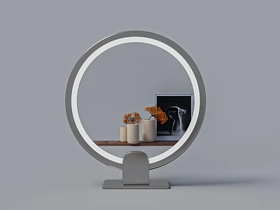 Round Illuminated Tabletop Mirror With Vases Dried Flowers And Photo Frame 3d model