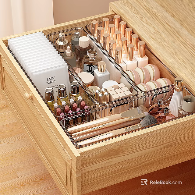 Neatly Organized Perfume And Cosmetics In Wooden Drawer With Transparent Storage Containers And Brushes 3d model 