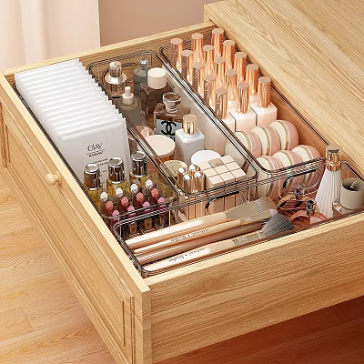 Neatly Organized Perfume And Cosmetics In Wooden Drawer With Transparent Storage Containers And Brushes 3d model