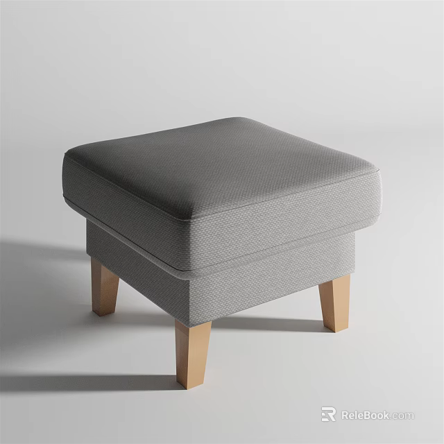 Stylish Gray Upholstered Square Ottoman Featuring Wooden Legs And Modern Design 3d model 