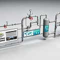 Industrial Pipeline System With Control Panels Red Valves And Digital Screens