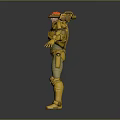 Man With Red Hair Wearing Futuristic Yellow Armor And Back Weapon