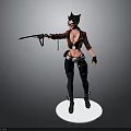 Cat Eared Female Warrior Character In Red Black Outfit Holding Weapon Standing On White Base