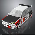 Modified White Rally Car Featuring Black Rear Spoiler Blue Front Section And Colorful Graphics