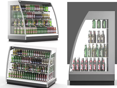 Commercial Display Refrigerators With Glass Doors Filled With Various Beverages In Retail Shop 3d model