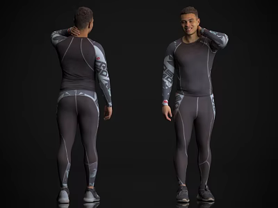 Man Wearing Gray Patterned Tight Sportswear With Long Sleeve And Pants Front Back View 3d model