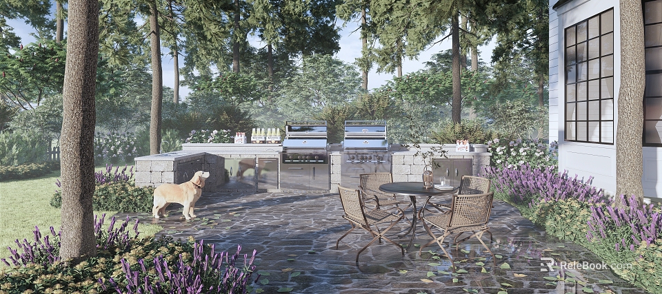 Patio Garden With Paved Patio Outdoor Grill Stone Countertops Wooden Table Chairs Purple Flowers And Dog 3d model 