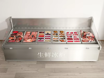 Stainless Steel Commercial Fresh Food Freezer With Various Meat Seafood 3d model
