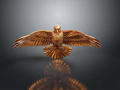 Golden Flying Bird Sculpture With Spread Wings Shiny Surface And Dark Background Reflection 3d model
